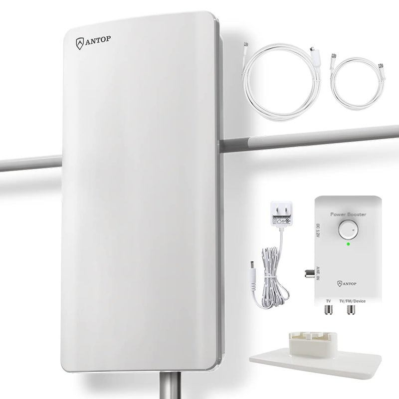 ANTOP HDTV ï¼† FM Amplified Antenna 85 Miles AT-800SBS with Dual Outputs Smart Boost System, Support TV and Second Device-FM Stereo, a Second TV or Any OTA-Ready Streaming Device or Projector - Image 1